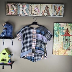 NEW Upcycled Flannel Plaid Handmade Patchwork Short Sleeve High Low Boho Shirt